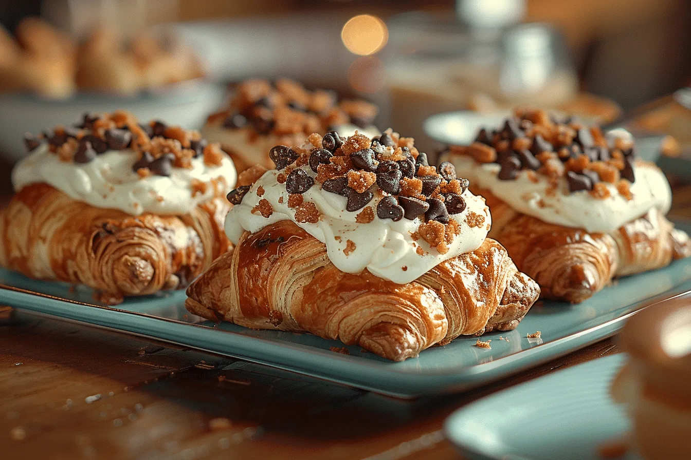 Golden brown crookies on a cooling rack, showing flaky layers and chocolate filling.