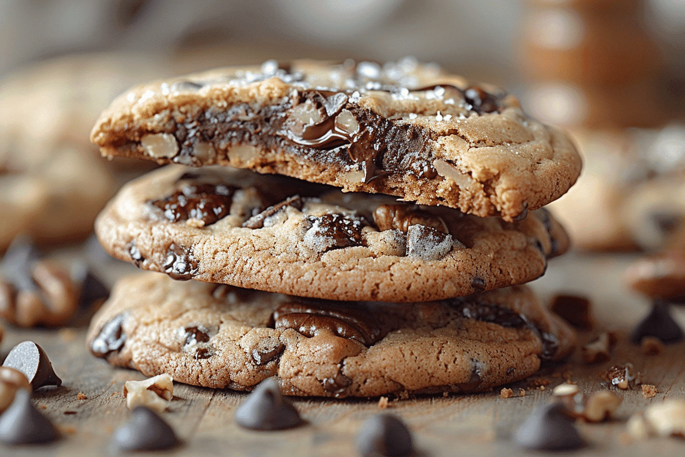 Close-up of freshly baked Levain cookies with a gooey center and crispy edges, showcasing the iconic thick and chunky texture.
